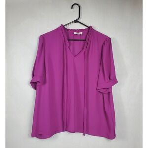 Chaus New York Womens XXL Magenta Ruffle Tie Neck Short Sleeve Blouse Top Purple